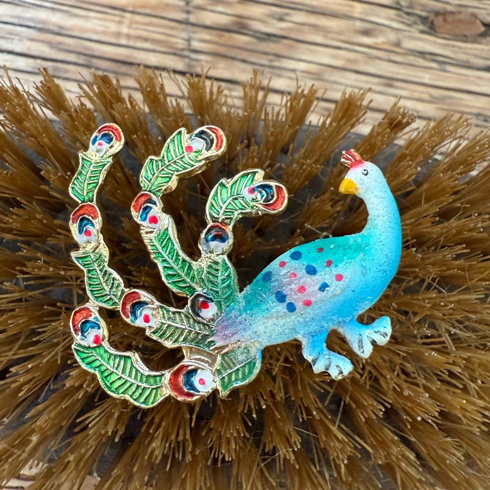 Vintage Metal Painted Peacock Brooch Pin
